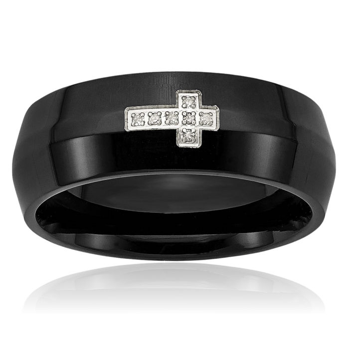 Stainless Steel Black Diamond Holy Cross 8mm Wedding Band Ring Christian Religious