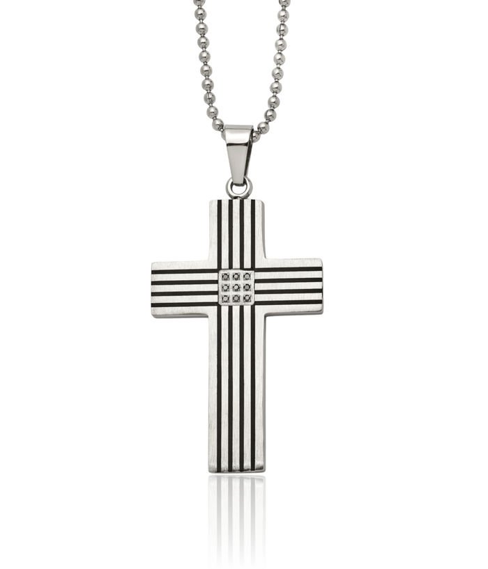 Stainless Steel Black Diamond Holy Cross Necklace Religious Pendant Jesus Christ Charm Ball Link Chain