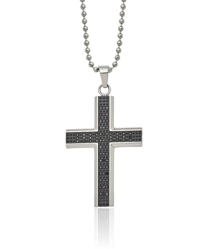 Stainless Steel Black Diamond Holy Cross Necklace Religious Pendant Jesus Christ Charm Ball Link Chain