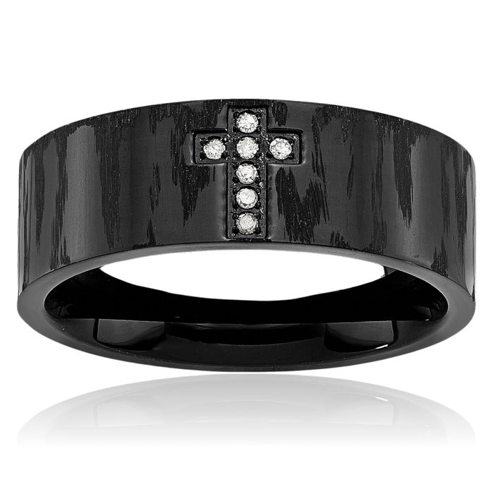 Stainless Steel Black Diamond Holy Cross Wedding Band Ring Christian Religious