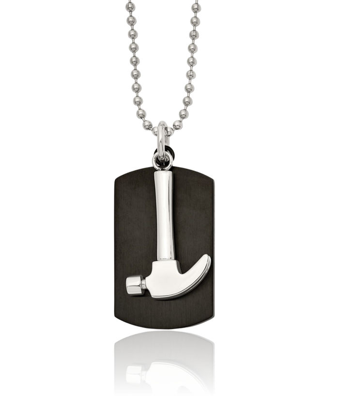 Stainless Steel Black Dog Tag Hammer Necklace Mechanic Charm Pendant Ball Link Chain