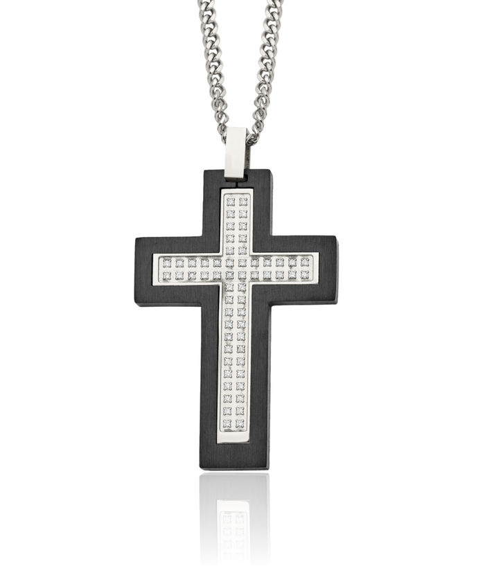 Stainless Steel Black Edges Cubic Zirconia CZ Holy Cross Pendant Necklace Charm Cable Rolo Link Chain