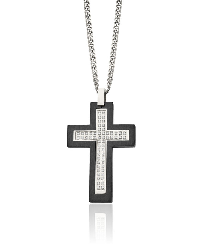 Stainless Steel Black Edges Cubic Zirconia CZ Holy Cross Pendant Necklace Charm Cable Rolo Link Chain