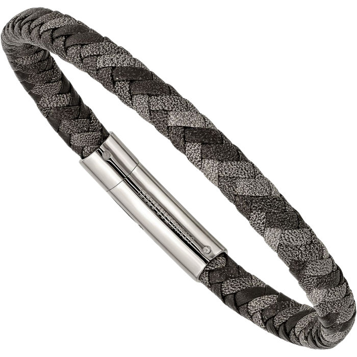 Stainless Steel Black Grey Braided Chain Leather Bracelet