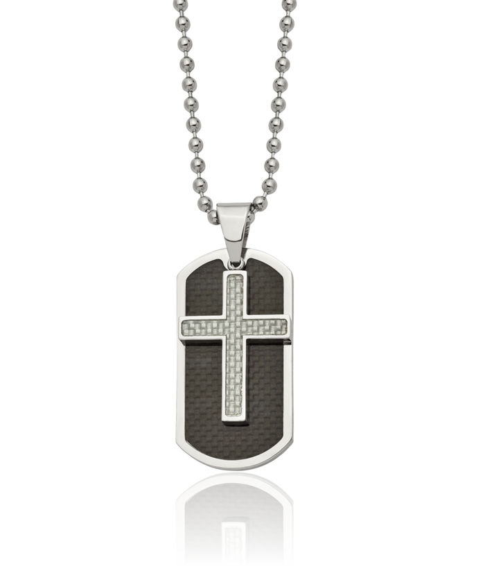 Stainless Steel Black Grey Carbon Fiber Set Holy Cross Dog Tag Necklace Religious Pendant Jesus Christ Charm Ball Link Chain