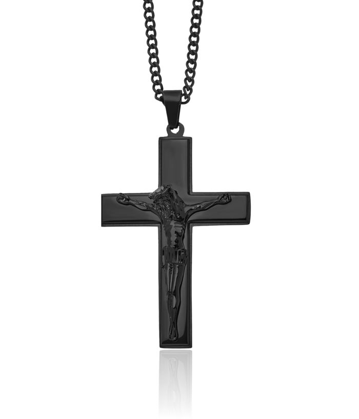 Stainless Steel Black Lord Jesus Christ Crucifix Holy Cross Necklace Religious Pendant Charm Curb Link Chain