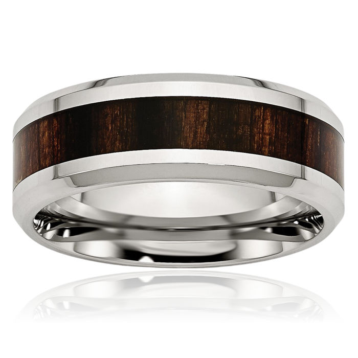 Stainless Steel Black Koa Wood 8mm Wedding Band Ring