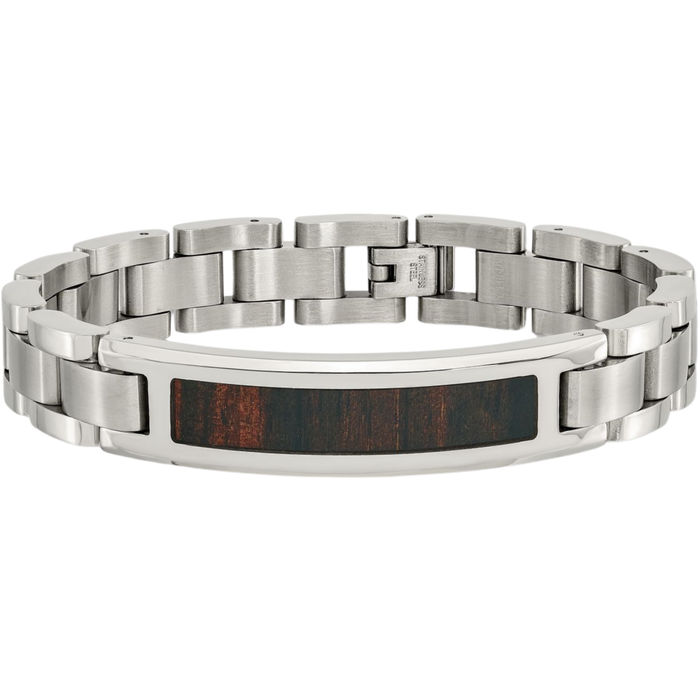 Stainless Steel Black Koa Wood Link Name Bar Identification ID Bracelet