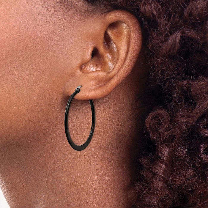 Stainless Steel Black 34mm 2mm Medium Hoop Earrings