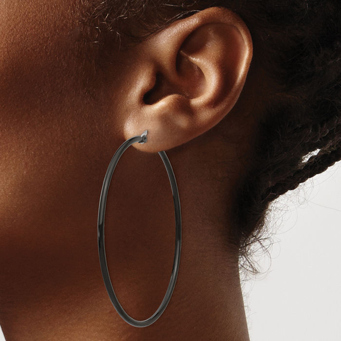 Stainless Steel Black 60mm 2mm Large Hoop Earrings