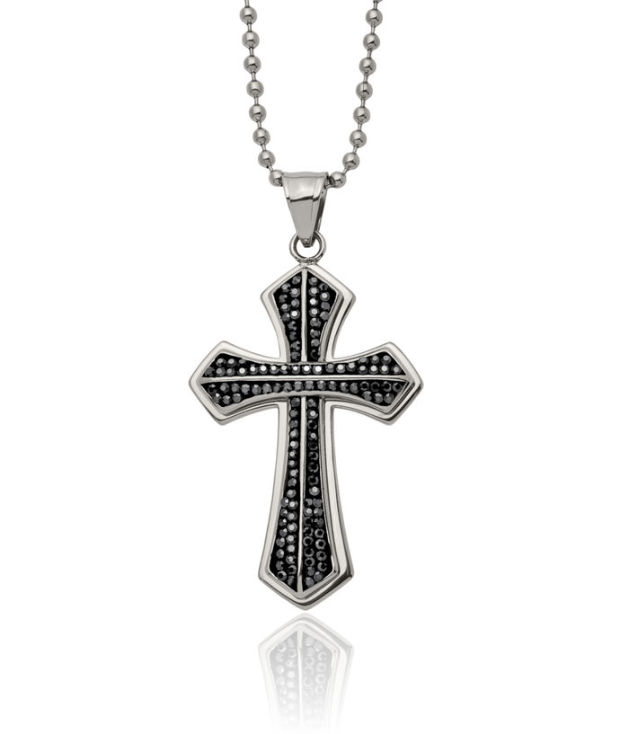 Stainless Steel Black Preciosa Rhinestone Crystals Holy Cross Necklace Religious Pendant Jesus Christ Charm Ball Link Chain
