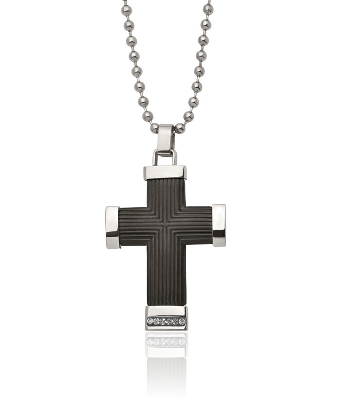 Stainless Steel Black Preciosa Rhinestone Crystals Holy Cross Necklace Religious Pendant Jesus Christ Charm Ball Link Chain