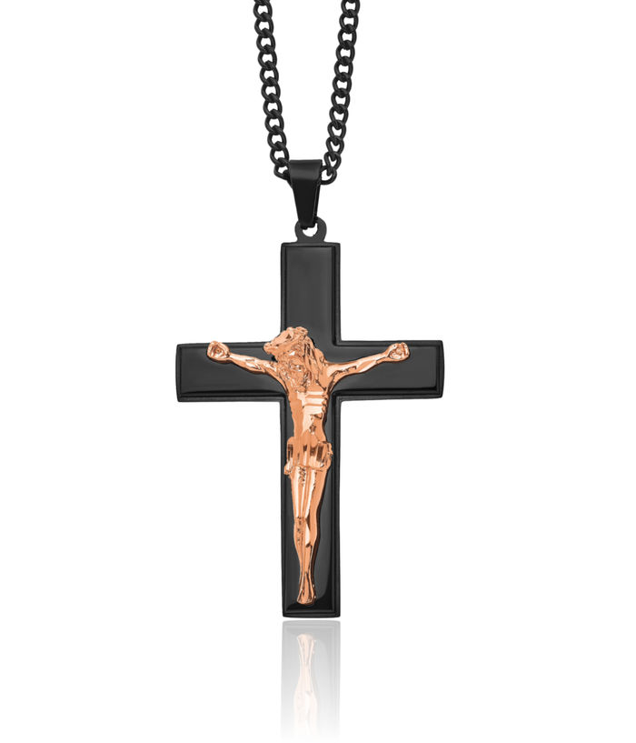 Stainless Steel Black Rose Pink Gold Lord Jesus Christ Crucifix Holy Cross Necklace Religious Pendant Charm Curb Link Chain
