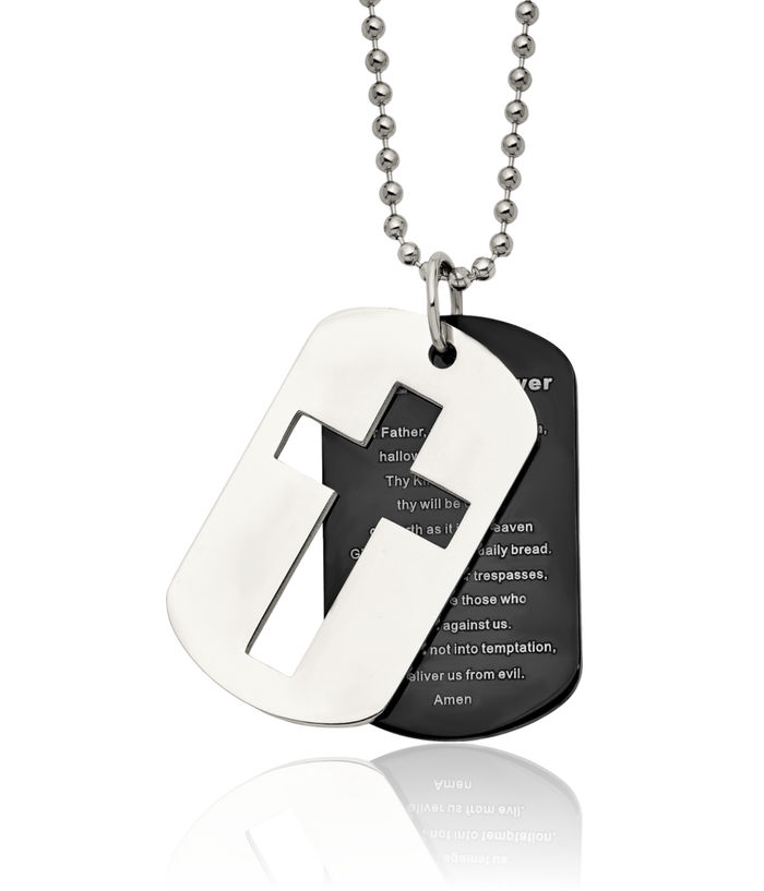 Stainless Steel Black Set Lords Prayer Dog Tag Necklace Charm Pendant Ball Link Chain