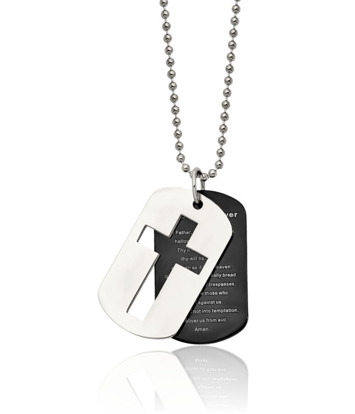 Stainless Steel Black Set Lords Prayer Dog Tag Necklace Charm Pendant Ball Link Chain