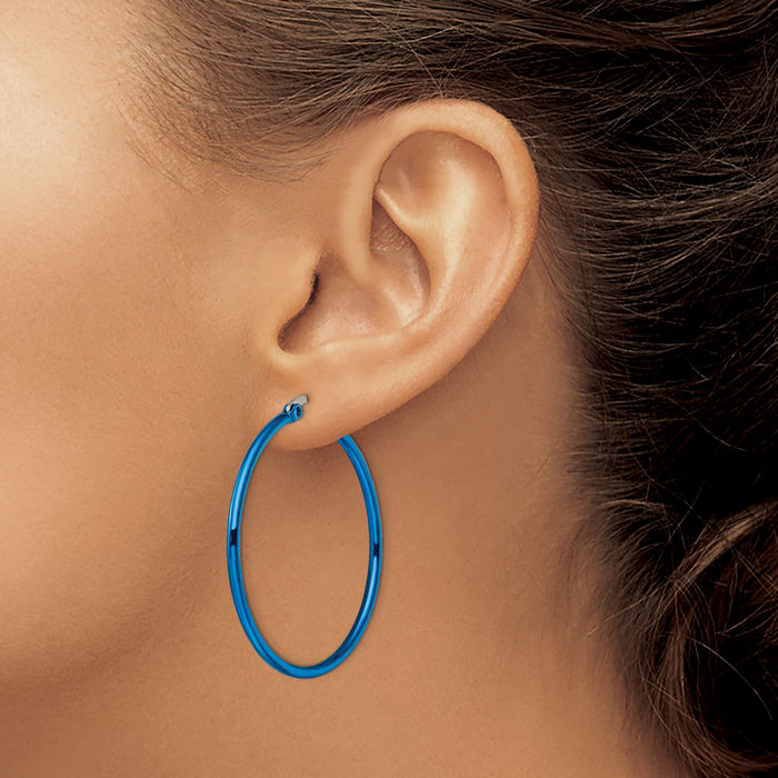 Stainless Steel Blue 42mm 2mm Large Hoop Earrings
