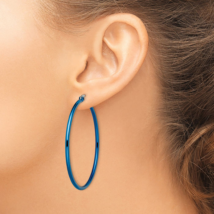 Stainless Steel Blue 49.5mm 2mm Large Hoop Earrings