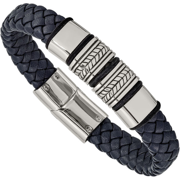 Stainless Steel Vintage Braided Blue Black Silicone Chain Leather Bracelet