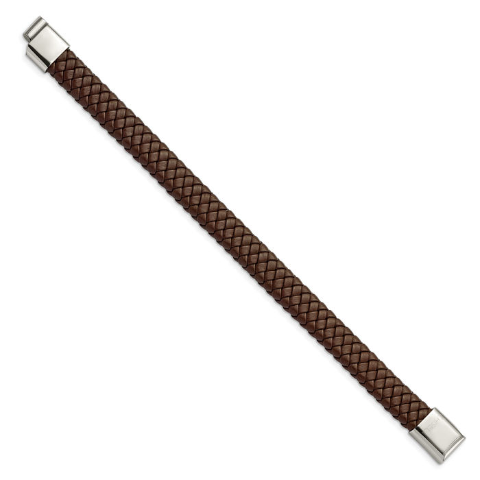 Stainless Steel Brown Braided Chain Leather Bracelet