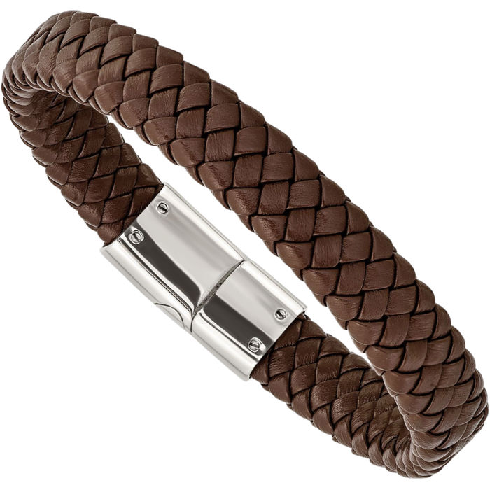 Stainless Steel Brown Braided Chain Leather Bracelet