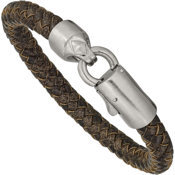 Stainless Steel Brown Braided Chain Leather Bracelet