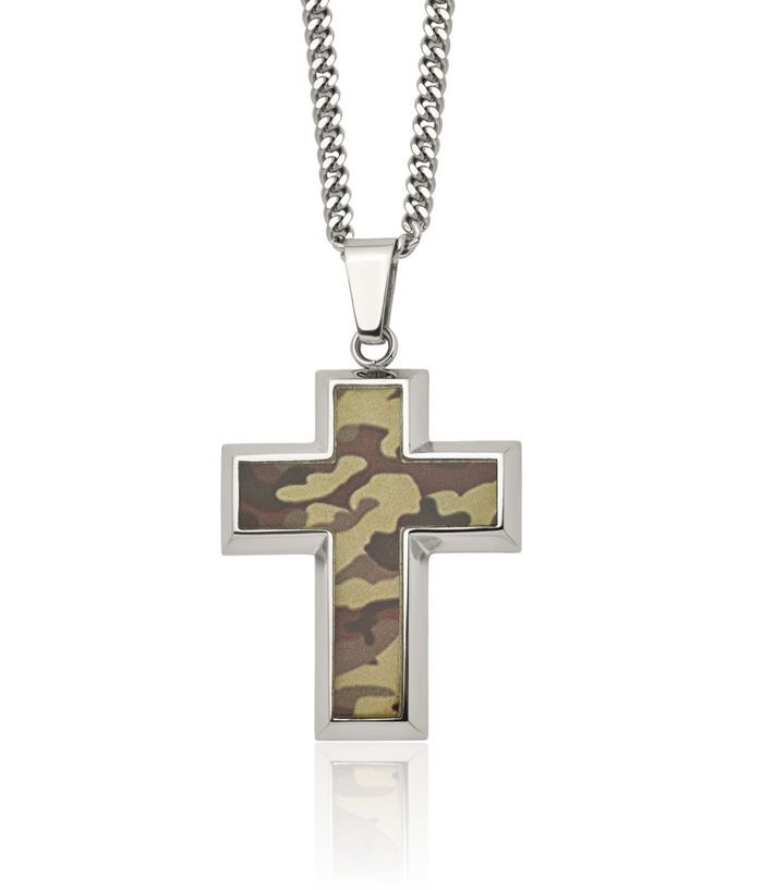 Stainless Steel Brown Camouflage Rubber Holy Cross Necklace Religious Pendant Jesus Christ Charm Curb Link Chain
