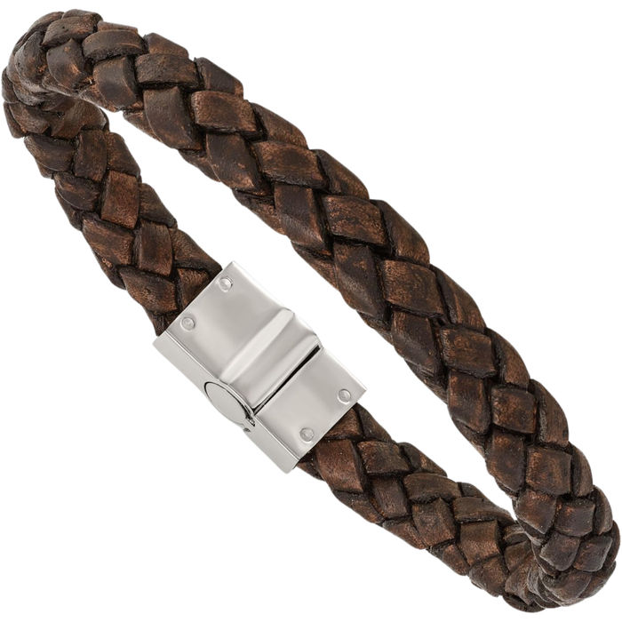 Stainless Steel Brown Woven Chain Leather Bracelet