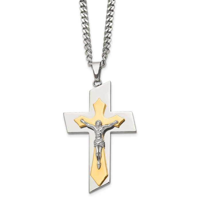 Stainless Steel Yellow Lord Jesus Christ Crucifix Holy Cross Necklace Religious Pendant Charm Curb Link Chain