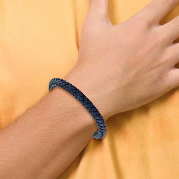 Tainless Steel Blue Braided Chain Leather Bracelet