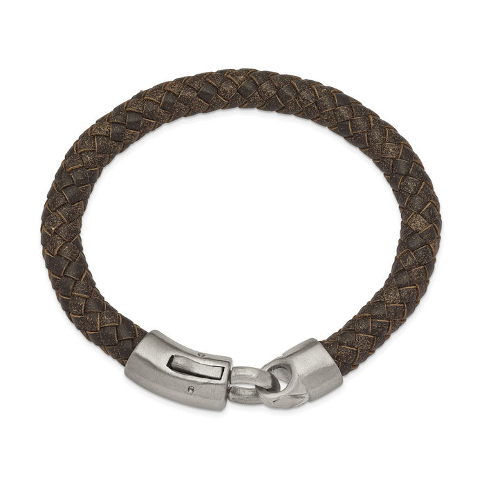 Stainless Steel Brown Braided Chain Leather Bracelet