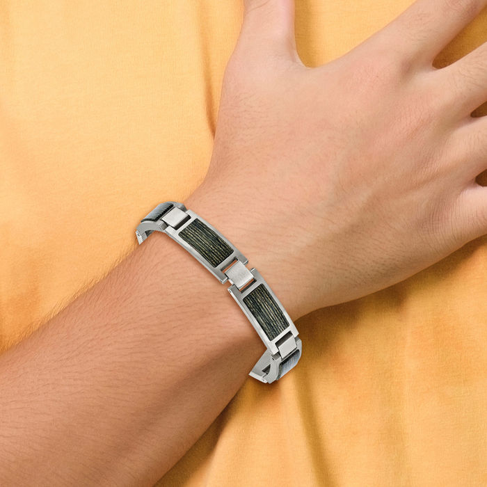 Stainless Steel Grey Wood Link Chain Bracelet