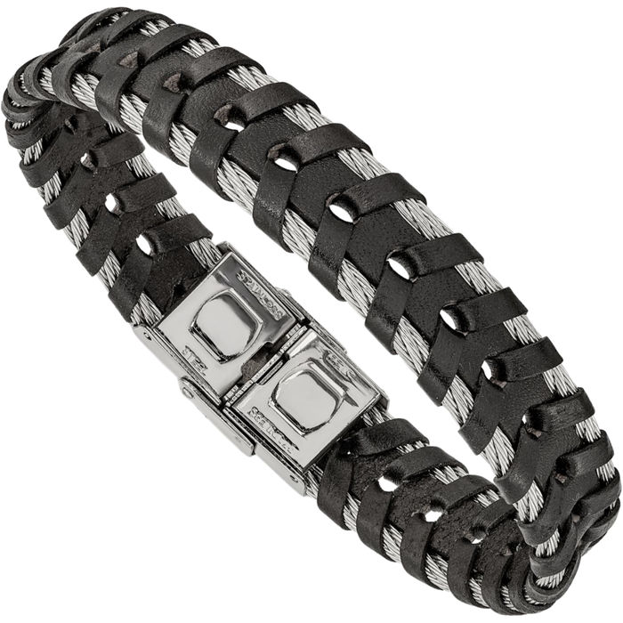 Stainless Steel Cable Black Chain Leather Bracelet