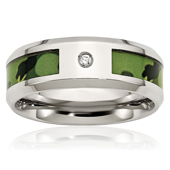 Stainless Steel Camouflage Diamond 8mm Wedding Band Ring