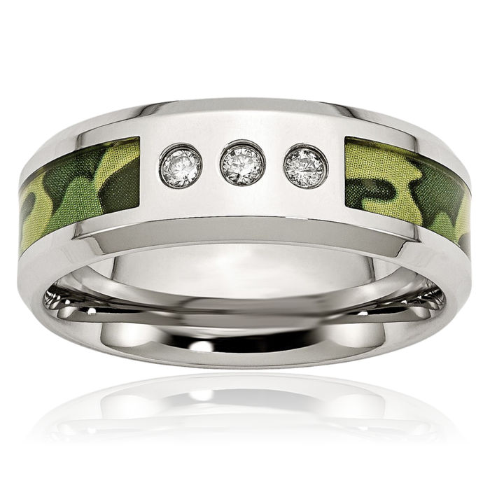 Stainless Steel Camouflage Diamond 8mm Wedding Band Ring