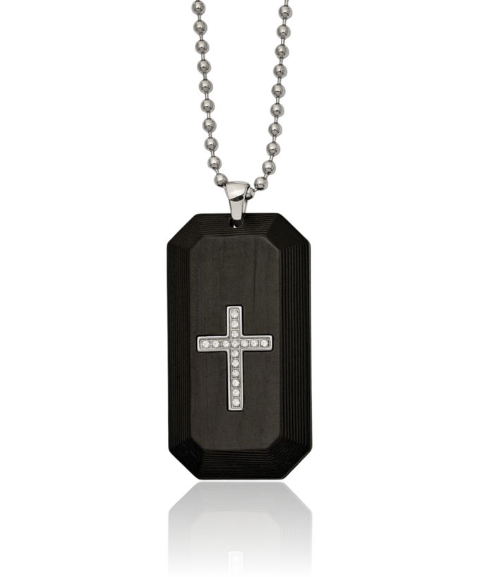 Stainless Steel Carbon Fiber Cubic Zirconia CZ Holy Cross Dog Tag Necklace Religious Pendant Jesus Christ Charm Ball Link Chain