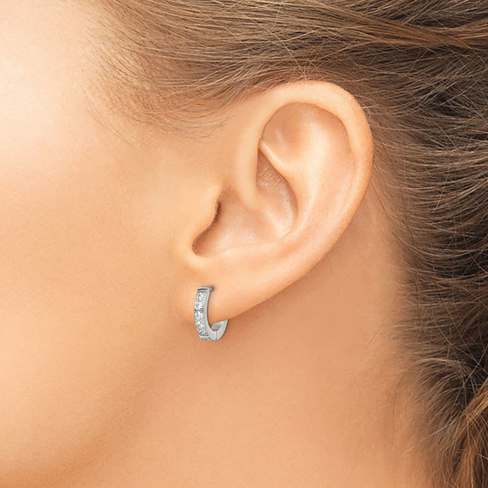 Stainless Steel Cubic Zirconia CZ 2.5mm Round Huggie Small Hoop Earrings