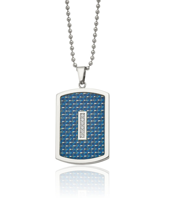 Stainless Steel Cubic Zirconia CZ Blue Carbon Fiber Dog Tag Necklace Charm Pendant Ball Link Chain