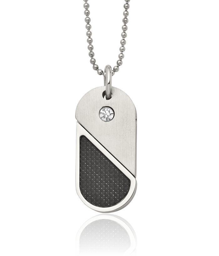 Stainless Steel Cubic Zirconia CZ Carbon Fiber Dangling Dogtag Heart Necklace Love Pendant Charm Ball Link Chain