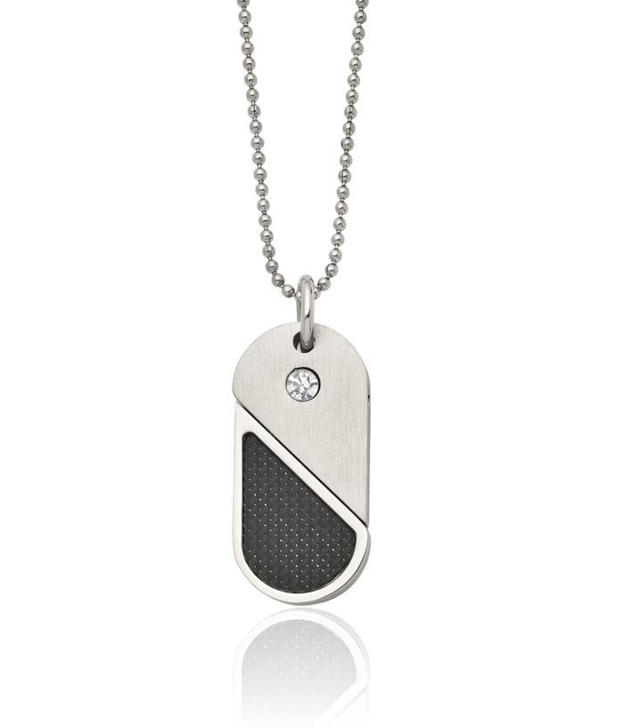 Stainless Steel Cubic Zirconia CZ Carbon Fiber Dangling Dogtag Heart Necklace Love Pendant Charm Ball Link Chain