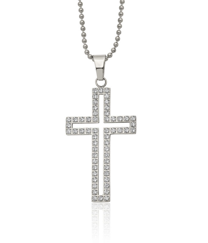 Stainless Steel Cubic Zirconia CZ Holy Cross Necklace Religious Pendant Jesus Christ Charm Ball Link Chain