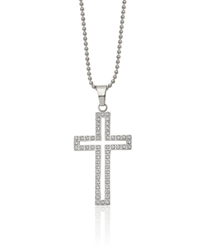 Stainless Steel Cubic Zirconia CZ Holy Cross Necklace Religious Pendant Jesus Christ Charm Ball Link Chain