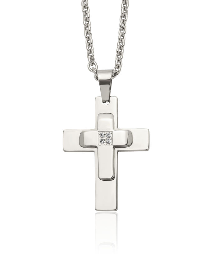 Stainless Steel Cubic Zirconia CZ Holy Cross Pendant Necklace Charm Cable Rolo Link Chain