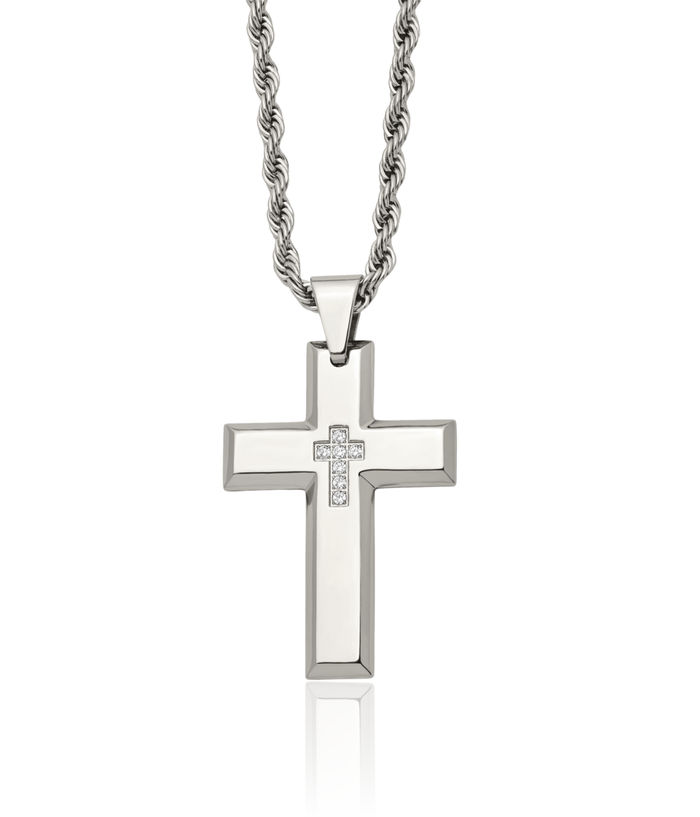 Stainless Steel Cubic Zirconia CZ Holy Cross Pendant Rope Chain Twisted Link Necklace