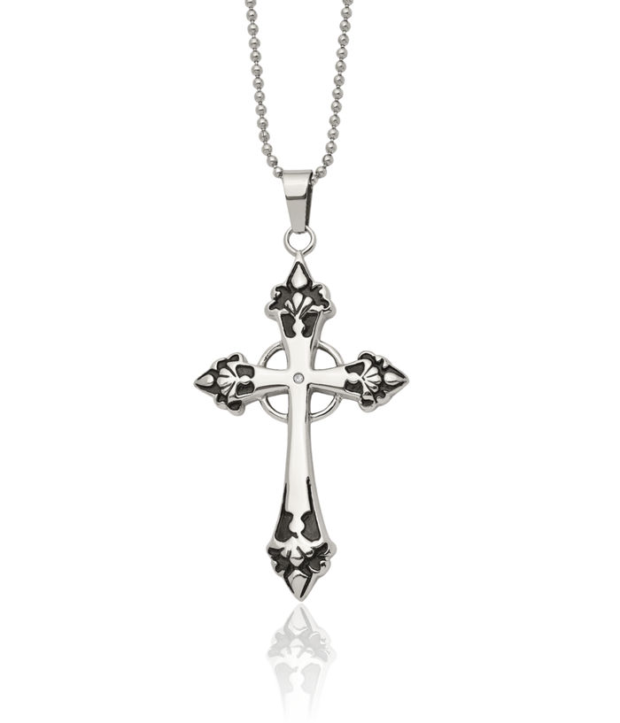 Stainless Steel Diamond Holy Cross Necklace Religious Pendant Jesus Christ Charm Ball Link Chain