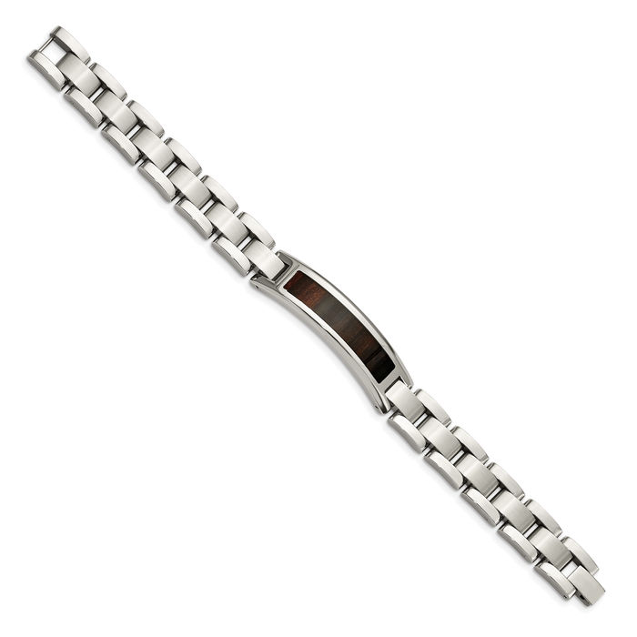Stainless Steel Black Koa Wood Link Name Bar Identification ID Bracelet