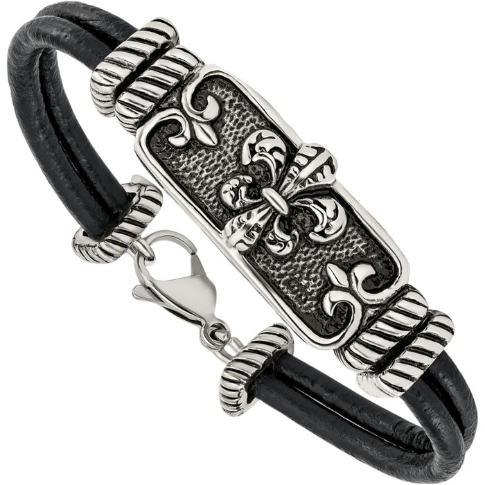 Stainless Steel Vintage French Fleur De Lis Lily Flower 2 Strand Black Chain Charm Leather Bracelet