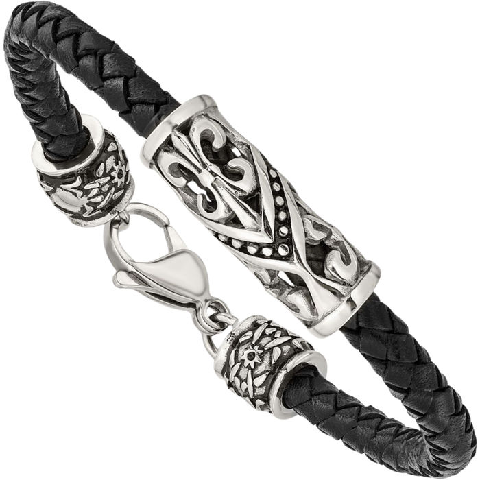 Stainless Steel Vintage French Fleur De Lis Lily Flower Black Braided Chain Charm Leather Bracelet