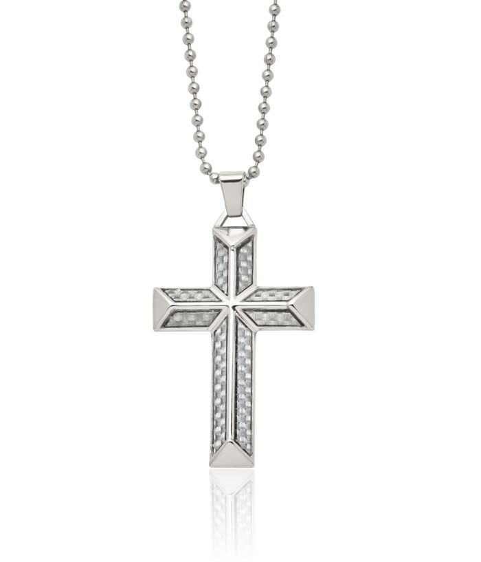 Stainless Steel Grey Carbon Fiber Holy Cross Necklace Religious Pendant Jesus Christ Charm Ball Link Chain