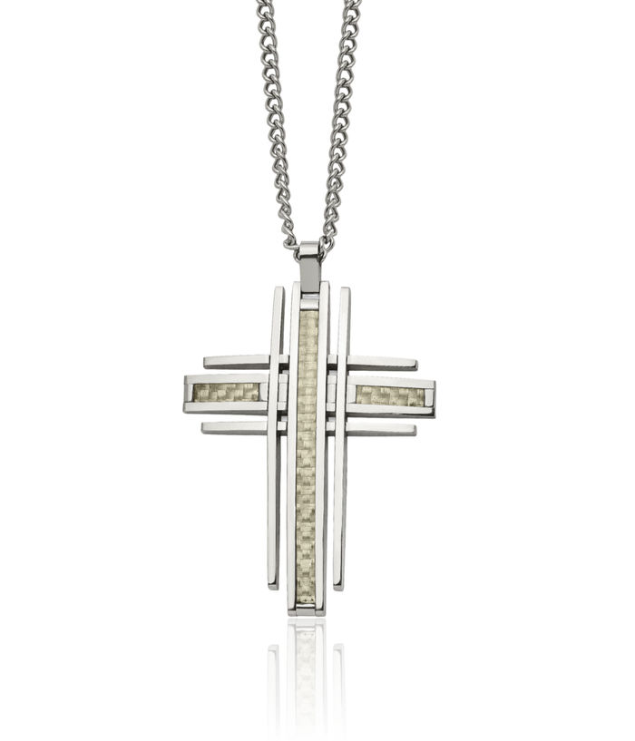 Stainless Steel Grey Carbon Fiber Holy Cross Necklace Religious Pendant Jesus Christ Charm Curb Link Chain