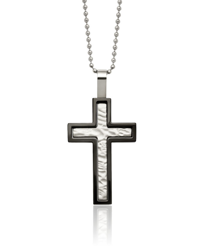 Stainless Steel Hammered Black Holy Cross Necklace Religious Pendant Jesus Christ Charm Ball Link Chain